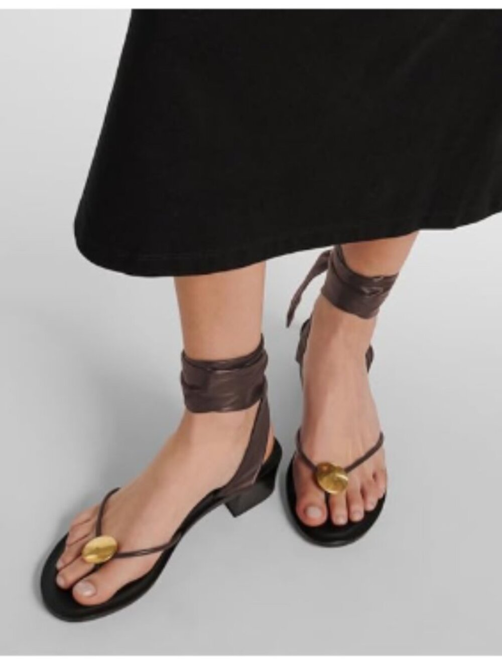 YDN Brown Chunky Low Heel Flip Flops Round Toe Thong with Ankle Strap Sandals